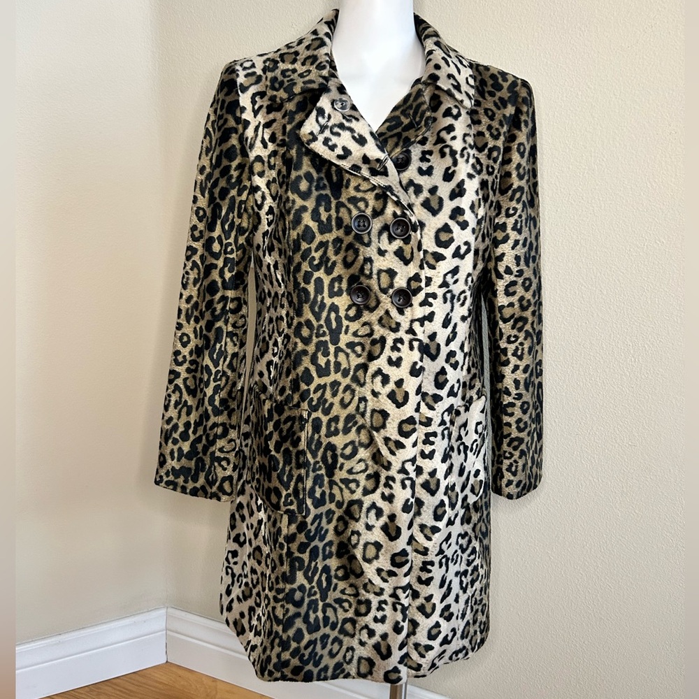 Faux Fur Leopard Print Coat Medium by Cartise Animal Print Plush Brown Gold
